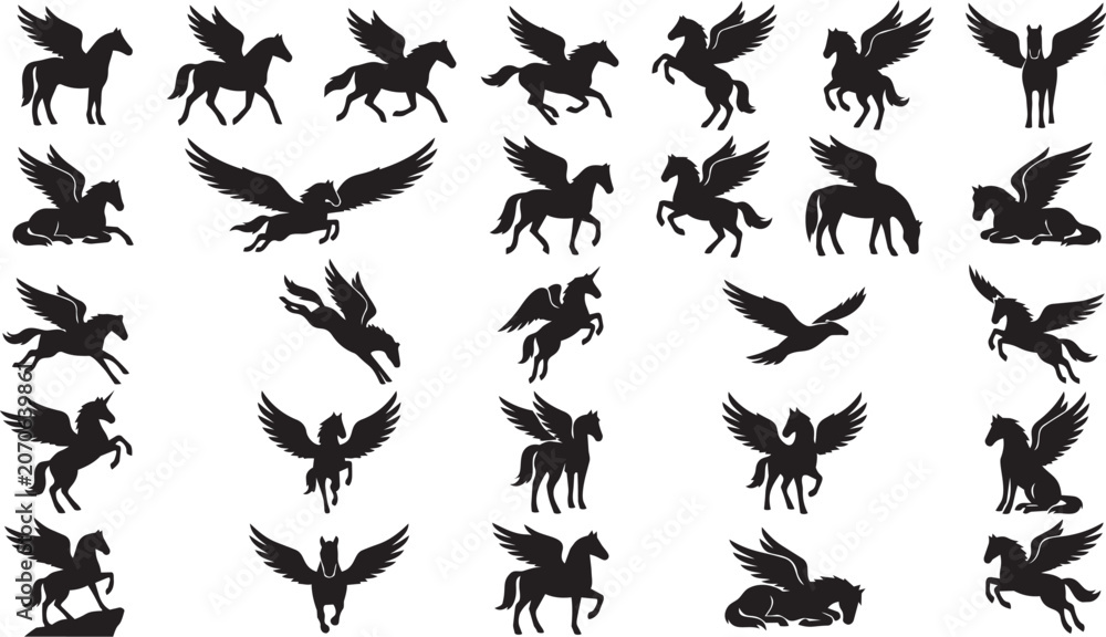 Fototapeta premium Pegasus Silhouette Pose Set Winged Horse Black Vector Collection
