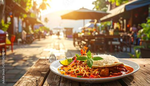 Delicious gourmet meal served outdoors on a rustic wooden table, featuring rice and curry with fresh herbs in warm golden hour sunlight, evoking vacation dining