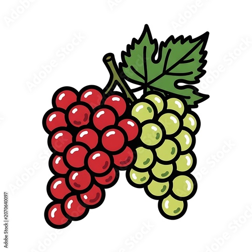 Fresh red and green grapes with green leaf on white background.