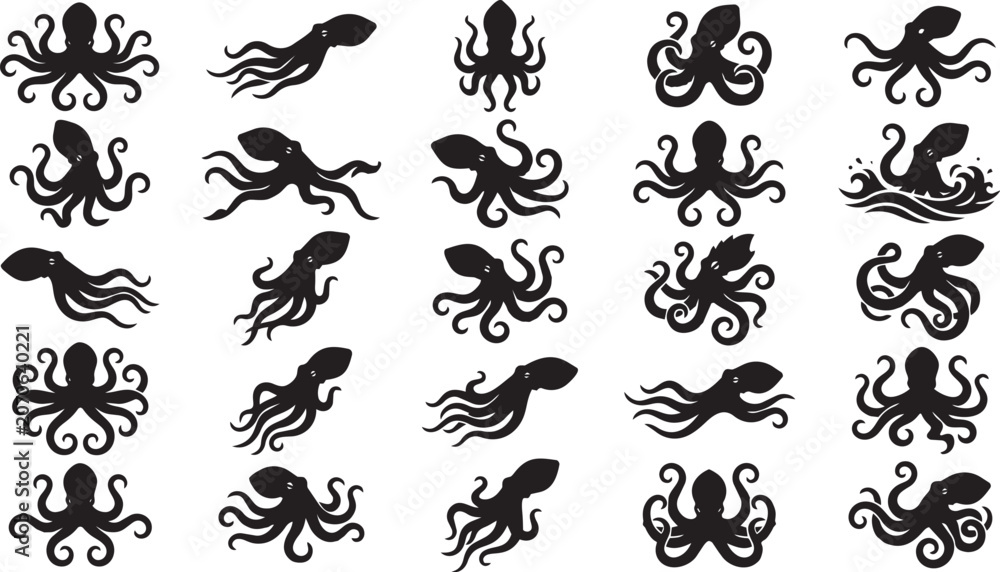 Fototapeta premium Kraken Silhouette Pose Set Sea Monster Black Vector Collection