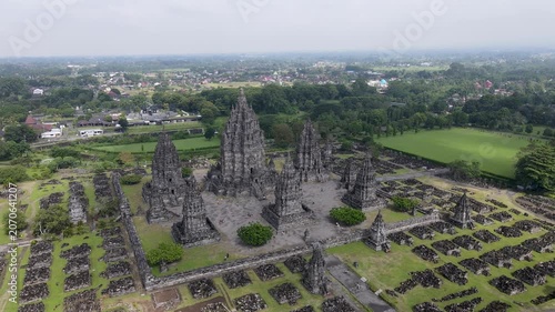 Cinematic Aerial Drone Flight Over Prambanan Temple Complex in Yogyakarta, Indonesia