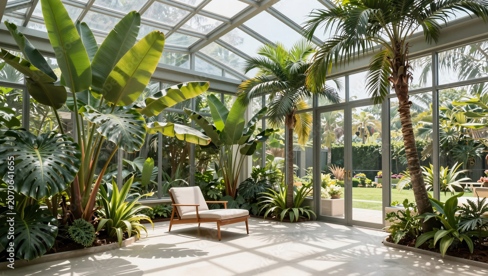 Fototapeta premium Luxurious Glass Sunroom Filled with Tropical Houseplants and Palms