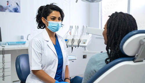Dentist wearing mask and gloves talking to patient in dental chair, discussing treatment plan, health care consultation
