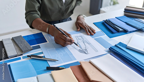 Designer sketching with color swatches and samples spread across a table, professional creative process, interior design planning