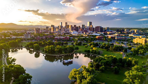 Denver skyline at sunset, aerial view over a park with a lake and trees, golden hour light