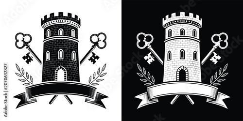 Φωτογραφία Vintage stone castle tower emblem with crossed keys and banner