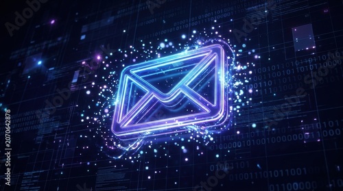 Abstract Digital Email Communication and Messaging Concept. Glowing Envelope Icon on a Futuristic Dark Background with Binary Code and Data Transfer Particles.