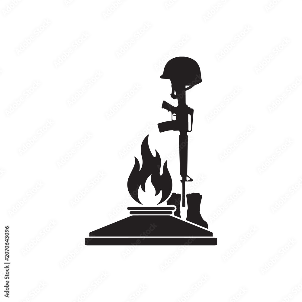 Fototapeta premium Black silhouette of an eternal flame memorial with a military helmet and rifle honoring fallen soldiers. Inspired by military remembrance monuments used for Memorial Day and Veterans commemorations.