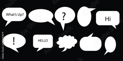 Collection of white speech bubbles on black background
