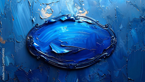 Deep blue abstract textured background with a central glossy oval shape, rich impasto paint effect, dynamic brushstrokes, and subtle sparkling highlights