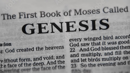 Genesis bible text macro camera moving to book title scripture creation story christian faith holy bible