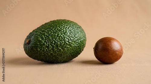 Fresh green ripe avocado fruit placed next to a single large brown seed against a smooth light tan studio background
