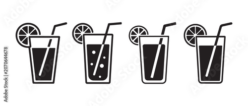 Fotografie Black and white vector icons of fresh lemonade glasses with citrus slices and straws