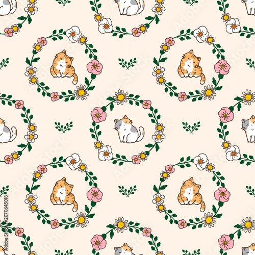 Seamless Pattern with Cartoon Cat and Flower Design on Beige Color Background. Hand Drawn Vector Illustration. 