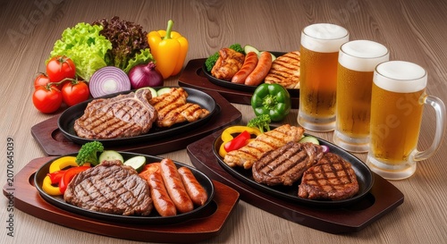 Sizzling grilled meat platters, fresh garden vegetables and chilled beer glasses arranged on a rustic wooden table for a summer barbecue, outdoor, skewers, garden
