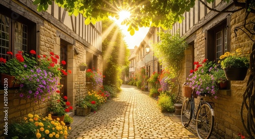 Sunbeams illuminate a narrow cobblestone pathway bordered by quaint old homes and overflowing flower boxes in a peaceful neighborhood, street, residential, charm