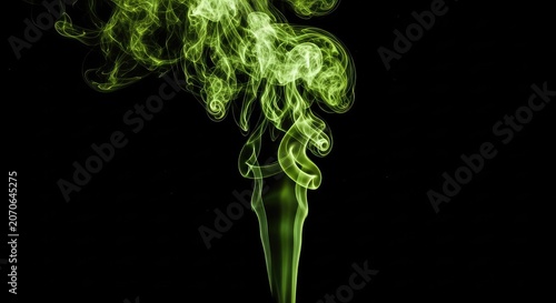 Swirling plumes of dense lime green smoke rise elegantly against a stark black background, creating a mysterious and toxic atmosphere, background, fluorescent, plume