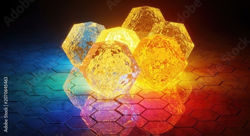 Vibrant abstract background with geometric honeycomb shapes glowing in golden light, featuring colorful reflections and detailed textures, backdrop, design, technological