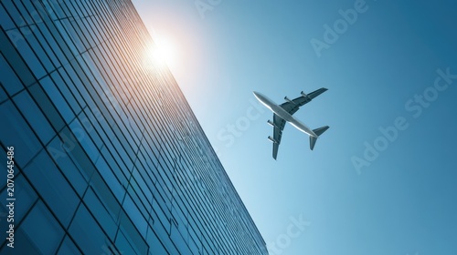 Airplane Flying Over Modern Glass Building Under Bright Sunlight.