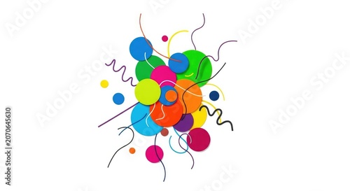 Vibrant geometric collage featuring multicolored circles and playful lines scattered across a clean white backdrop in a whimsical design, vibrant, texture, design