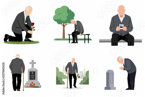 Fotografie Sad Elderly Man Mourning at Cemetery and Grieving Loss Illustration Set
