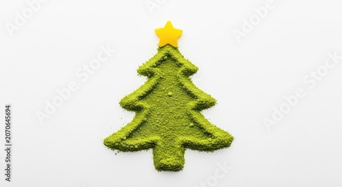 Vibrant green matcha powdered sugar meticulously sifted into a miniature Christmas tree shape featuring a bright yellow star on the peak, minimalist, sugar, kitchen