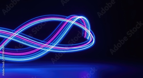Vibrant neon blue and purple light streaks flow gracefully across a dark backdrop, creating a sense of dynamic speed and digital energy, purple, backdrop, energy