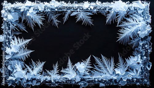 Delicate frosty ice crystals forming a decorative border on a dark background, winter and cold season decoration