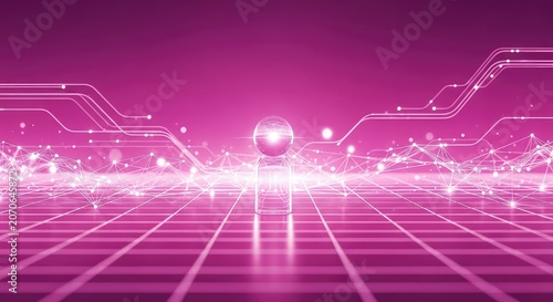 Vibrant pink and purple abstract background featuring a digital network grid with connected particles, glowing bokeh, and sci-fi data lines, link, flow, neon