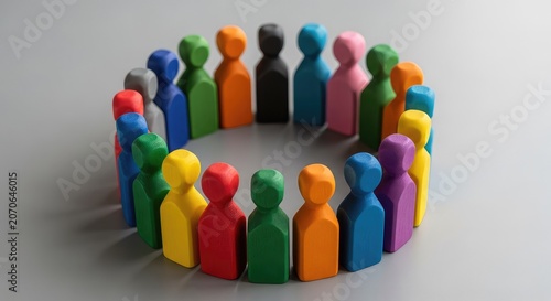 Vibrant wooden figurines in various colors are arranged in a close circle on a neutral surface, representing unity, inclusion, and teamwork, round, objects, surface