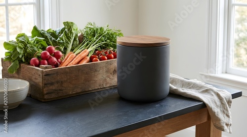 Modern matte grey storage canister with a natural wooden lid sitting on a dark kitchen table beside fresh organic vegetables