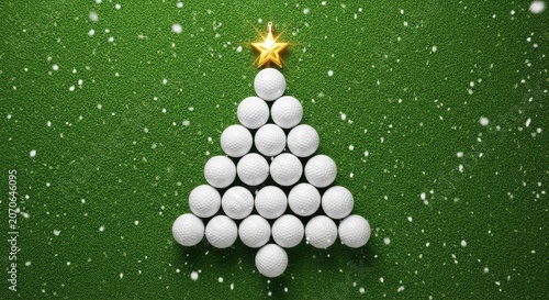 White golf balls are arranged in the shape of a winter holiday tree on green turf topped with a shining golden star and falling snowflakes, card, competition, holiday