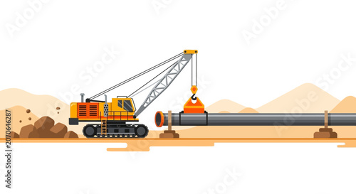 Industrial Heavy Crane Machine Installing Pipeline in Desert Landscape Vector Illustration