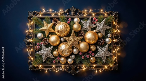 Christmas decorations with golden and silver ornaments on a dark background