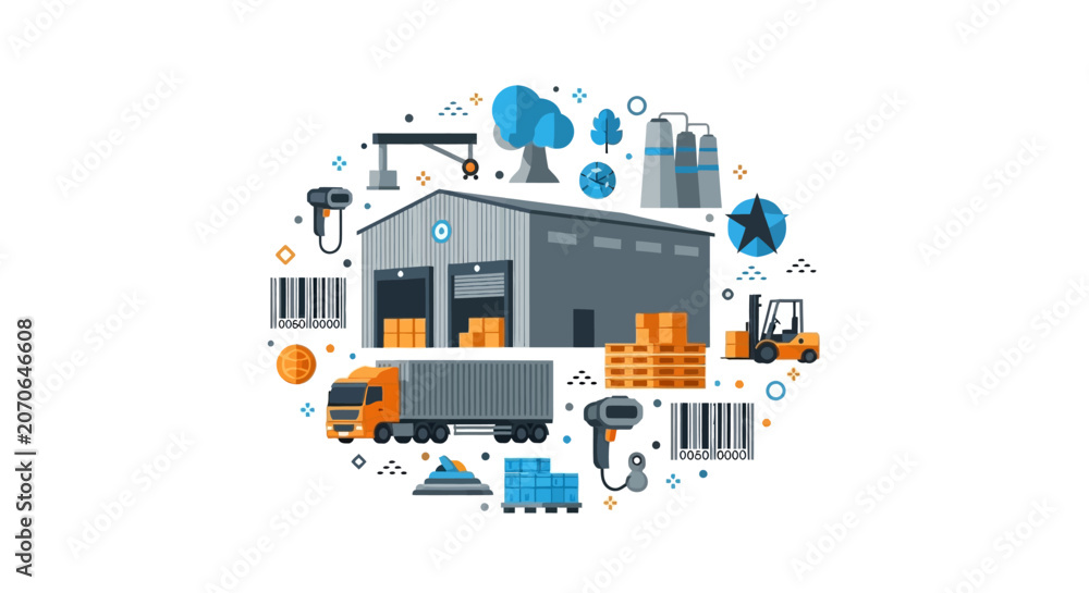 Fototapeta premium Global Logistics and Supply Chain Concept Illustration with Warehouse, Delivery Truck, Forklift, and Industrial Icons
