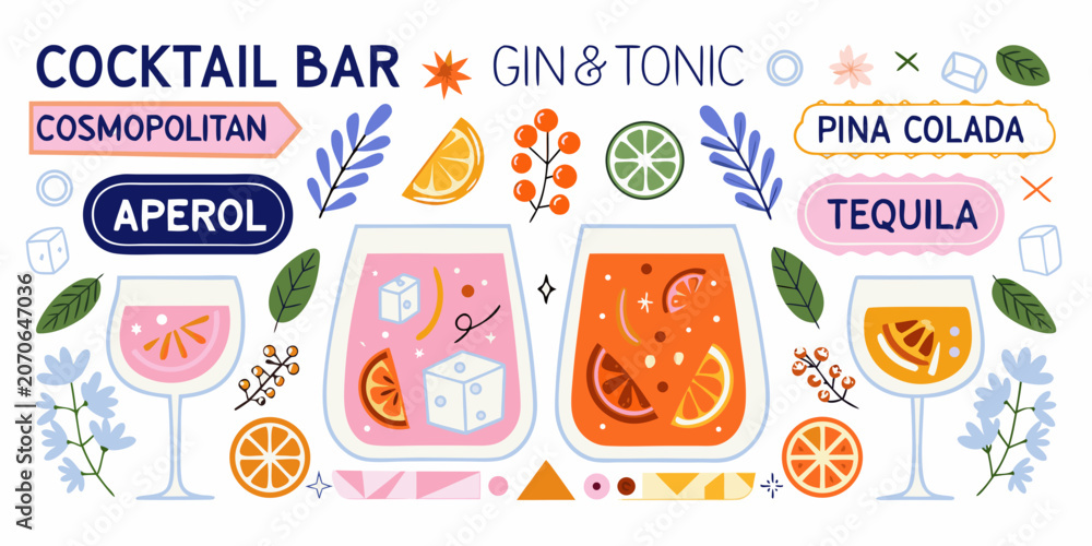 Fototapeta premium Cocktail bar illustration with citrus fruits and drink glassware
