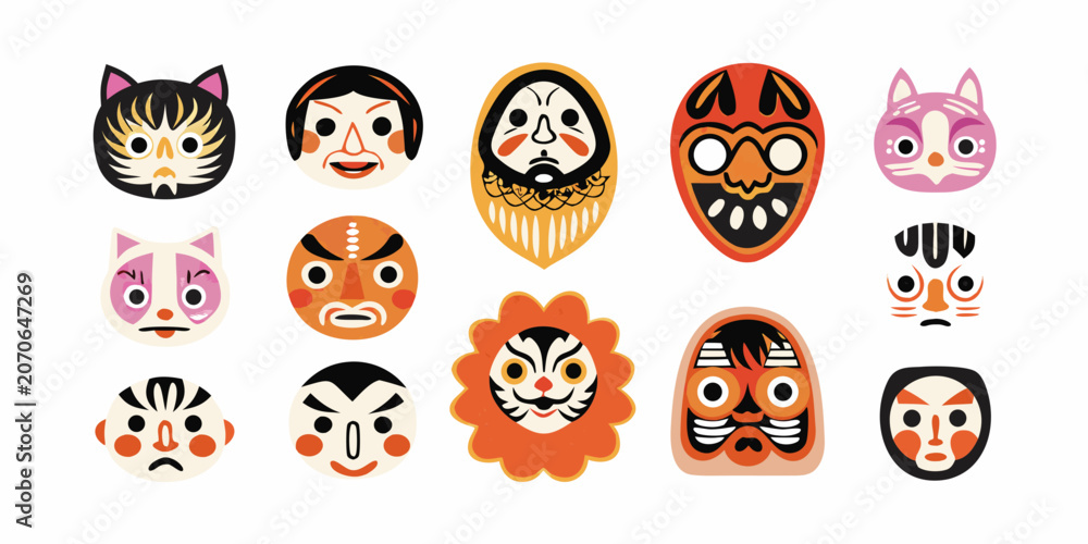 Fototapeta premium Collection Of Traditional Japanese Masks Flat Vector Illustration