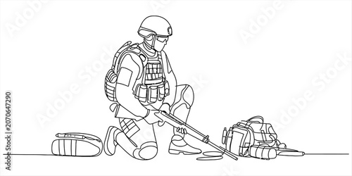 Foto A tactical soldier kneeling on the ground while holding a rifle and preparing eq