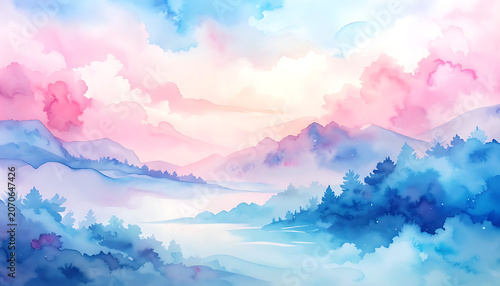 Dreamy watercolor landscape with misty mountains, soft pink and blue clouds, and serene lake, tranquil nature scene