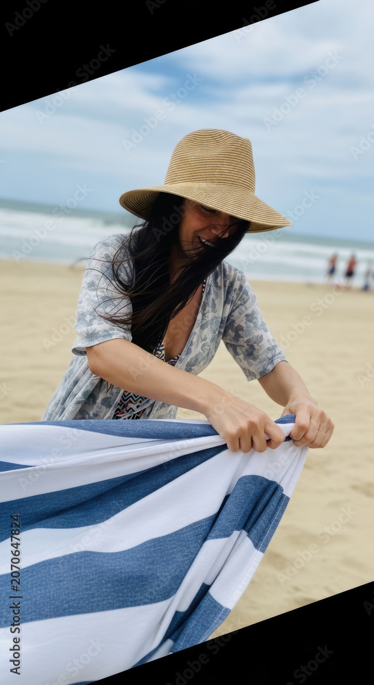 Fototapeta premium Woman wearing a sun hat unfolds a blue and white striped beach towel while standing on the sandy shore.