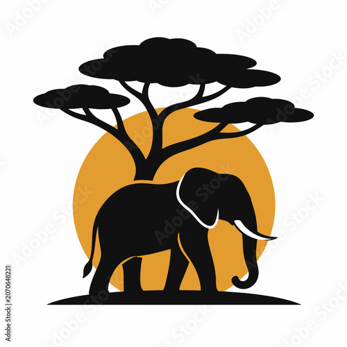 African Elephant Silhouette with Acacia Tree and Sunset Sun Graphic Illustration.