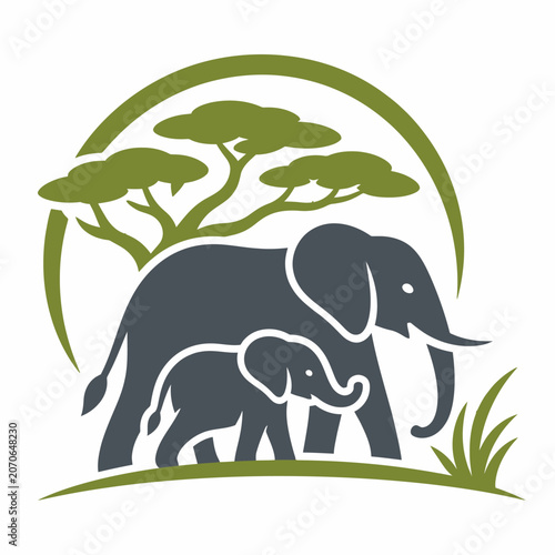 African Elephant Mother and Calf Silhouette Logo with Acacia Tree and Savannah Landscape.