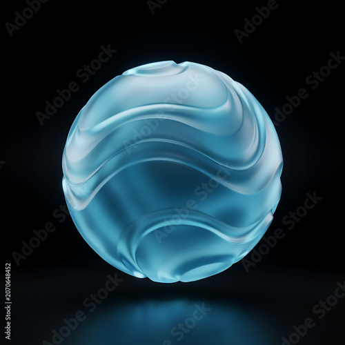 A luminous blue orb with undulating surface textures presents a smooth rounded three dimensional form sphere globe