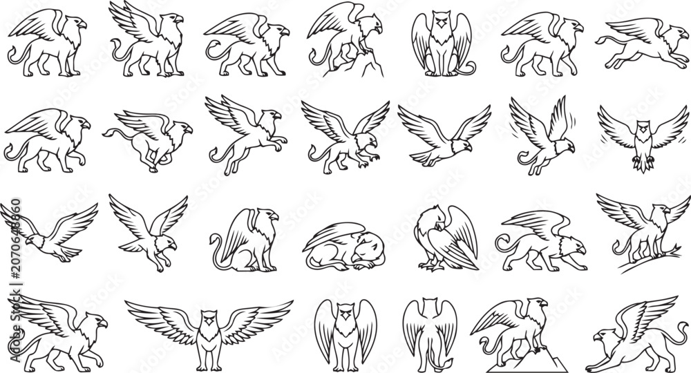 Fototapeta premium Griffin Line Art Pose Set Fantasy Creature Outline Vector Collection