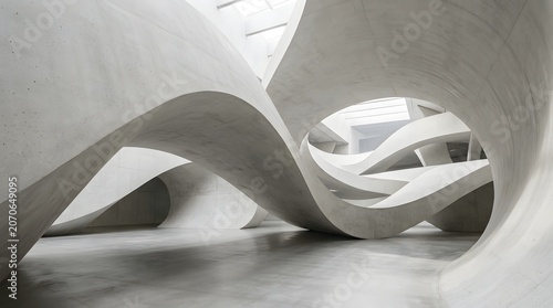 Modern architectural interior featuring smooth flowing concrete curves with bright natural light coming from the large overhead glass ceiling panels