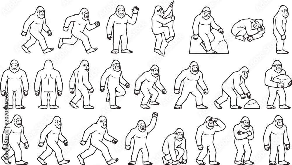 Fototapeta premium Yeti Line Art Pose Set Mythical Monster Outline Vector Collection