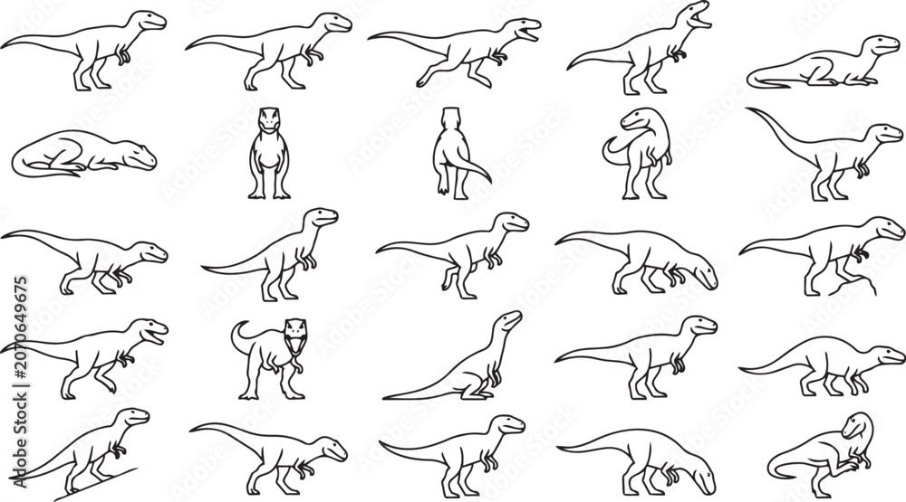 Fototapeta premium Dinosaur Line Art Pose Set Prehistoric Animal Outline Vector Collection