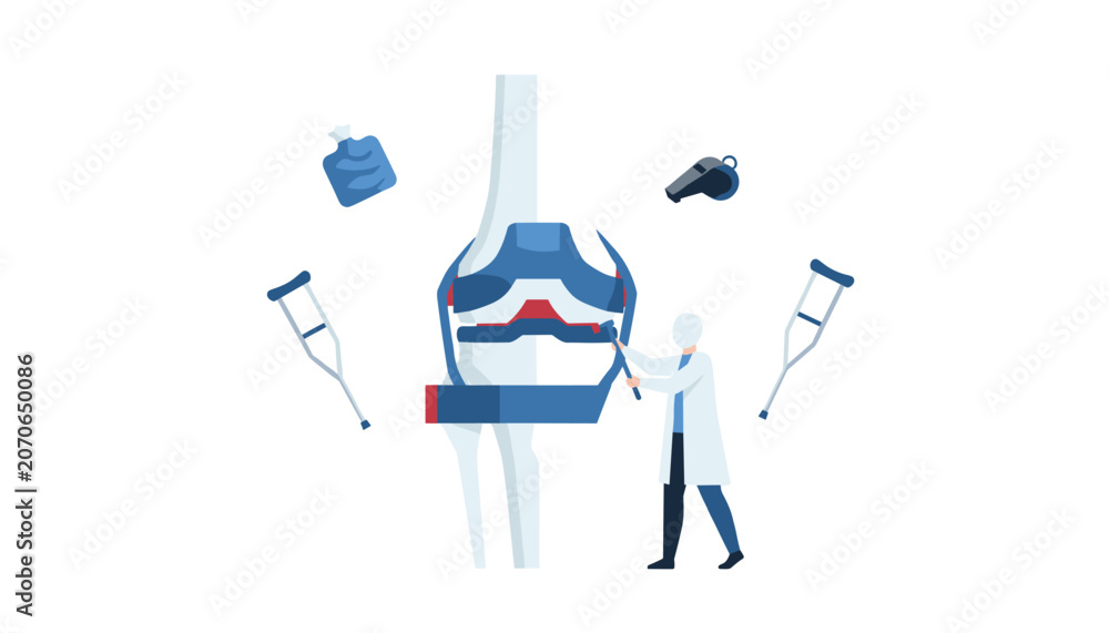Fototapeta premium Orthopedic doctor examining a large anatomical knee joint model surrounded by crutches, ice pack, and whistle.
