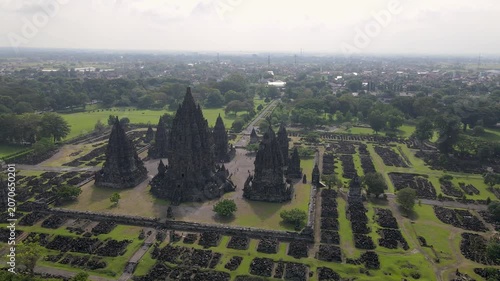 Cinematic drone view of Prambanan Hindu Temple in Central Java indonesi, Top View of Ancient Prambanan Hindu Temple, Indonesia