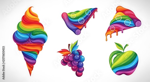 Colorful kite shapes floating against white background.